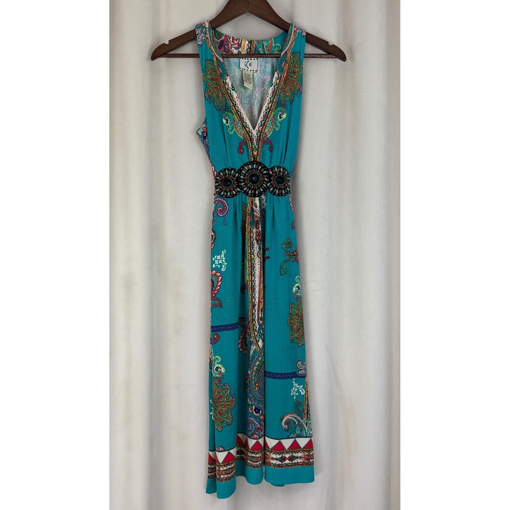 90s Y2K Vintage ICE Teal Paisley‎ Beaded Halter Midi Dress Size 10